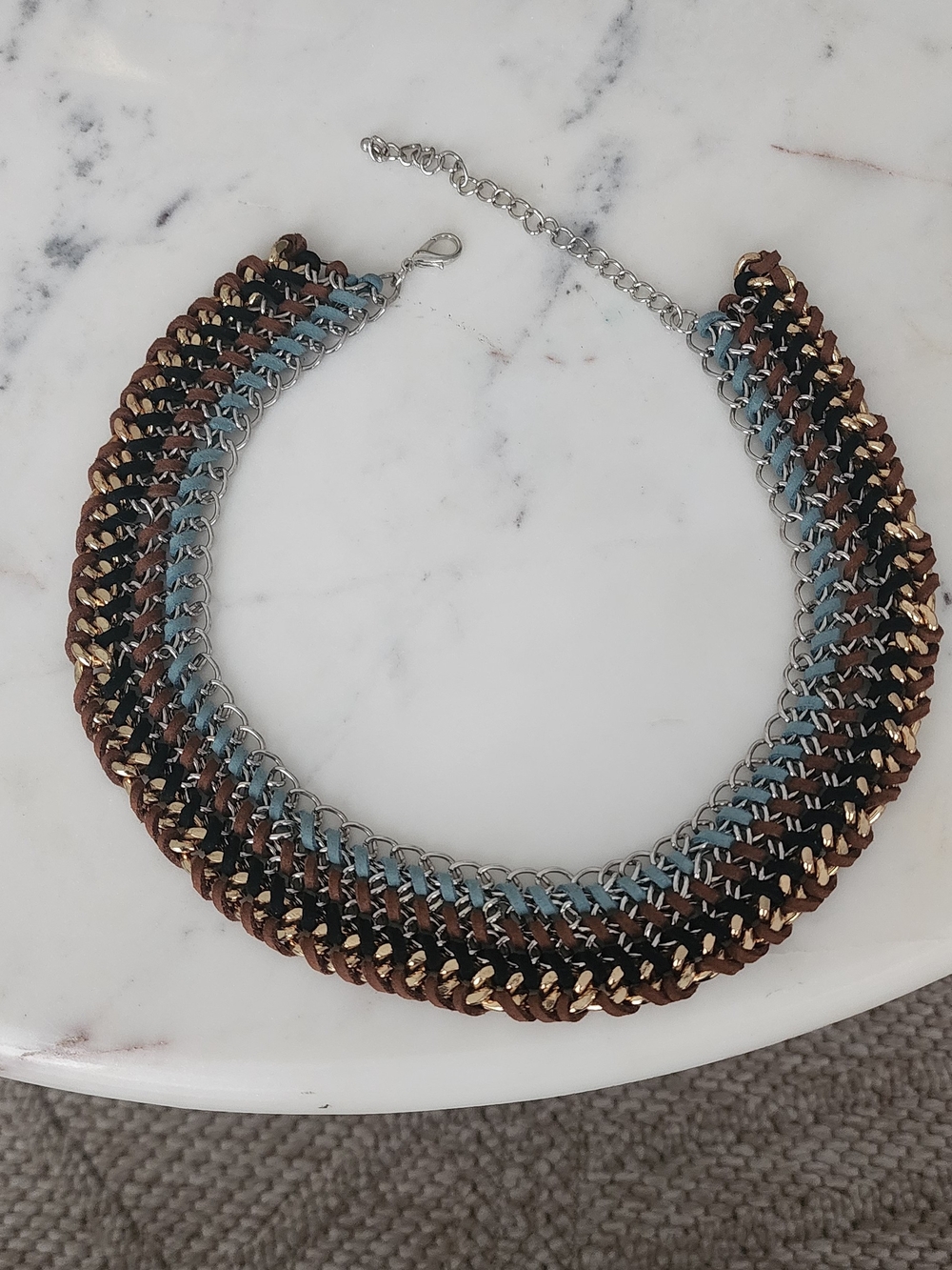Braided Multi-Color Statement Necklace - Blue, Brown & Gold